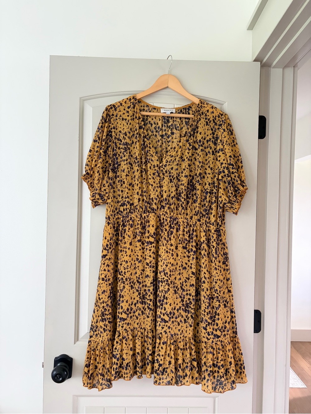 GILLI Mustard Yellow Animal Print Pleated Tiered Babydoll Dress Plus 1X
